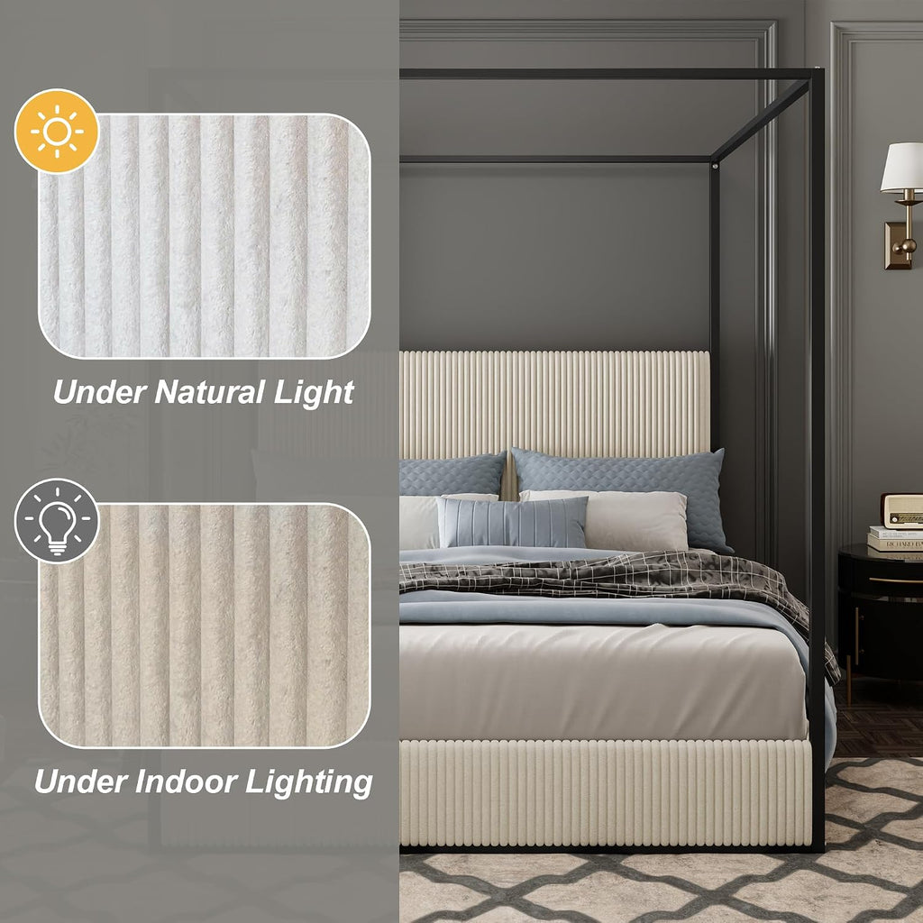 King Size Canopy Bed with Tall Upholstered Channel Headboard, Metal 4 Poster Upholstered Bed, No Box Spring Needed (Black+Cream, King//)