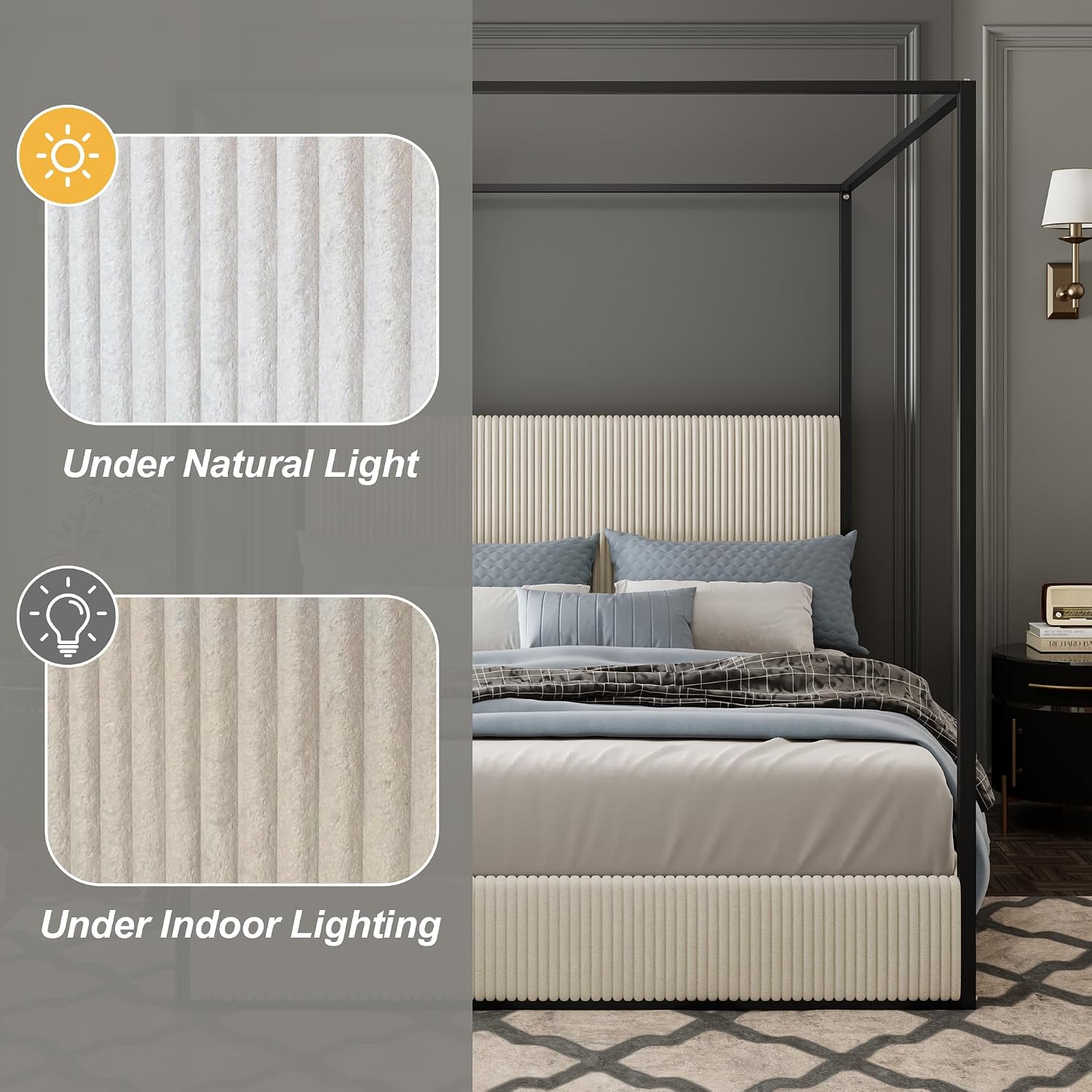 King Size Canopy Bed with Tall Upholstered Channel Headboard, Metal 4 Poster Upholstered Bed, No Box Spring Needed (Black+Cream, King//)