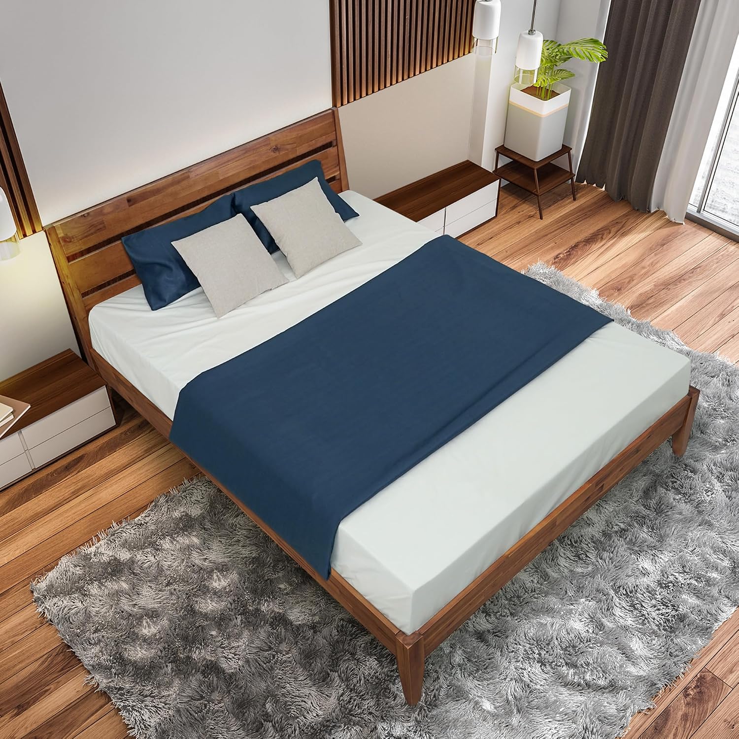 Acacia Emery Bed Frame with Headboard Solid Wood Platform Bed, King Size Bed Frame, Mid - Century Modern Wood Bed Compatible with All Mattresses, Easy Assembly, Non-Slip, Walnut