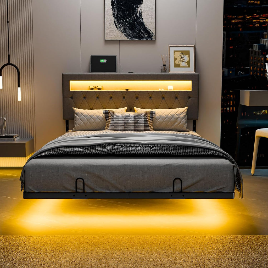 VINGLI Full Size Floating Bed Frame with Charging Station,Modern Metal Full Bed with led Lights,Easy Assembly,No Box Spring Needed,Adjustable Headboard,Upholstered Bed Frame for Adults, Kids
