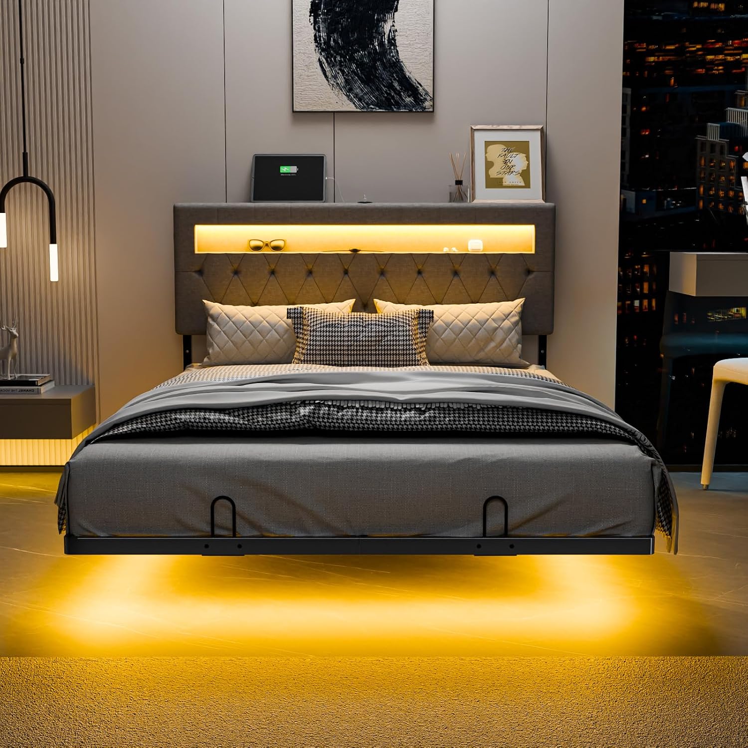 VINGLI Full Size Floating Bed Frame with Charging Station,Modern Metal Full Bed with led Lights,Easy Assembly,No Box Spring Needed,Adjustable Headboard,Upholstered Bed Frame for Adults, Kids