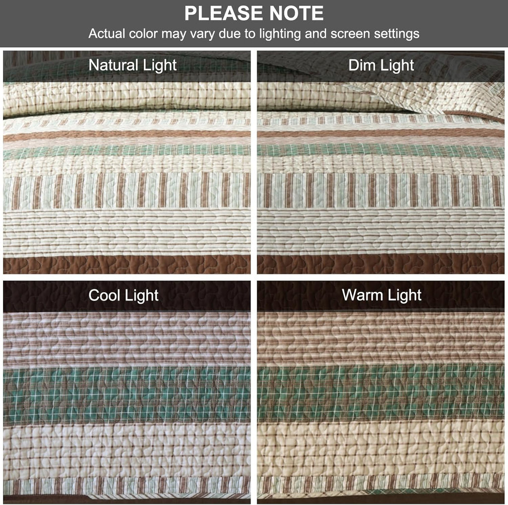 PANGUSHAN 100% Cotton Quilt Set King Size, Patchwork King Quilt Bedding Set Bedspreads, Farmhouse Lightweight Comforter Reversible Quilt, Green/Brown/Beige Bed Spread for All Season, 3 Pieces