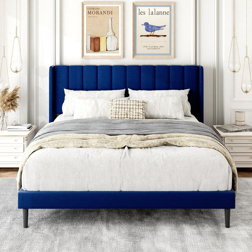 Gruwans Queen Size Bed Frame with Upholstered Wingback Headboard, Easy Assemnly Platform Bed, Wooden Slat Support No Box Spring Needed, Navy Blue