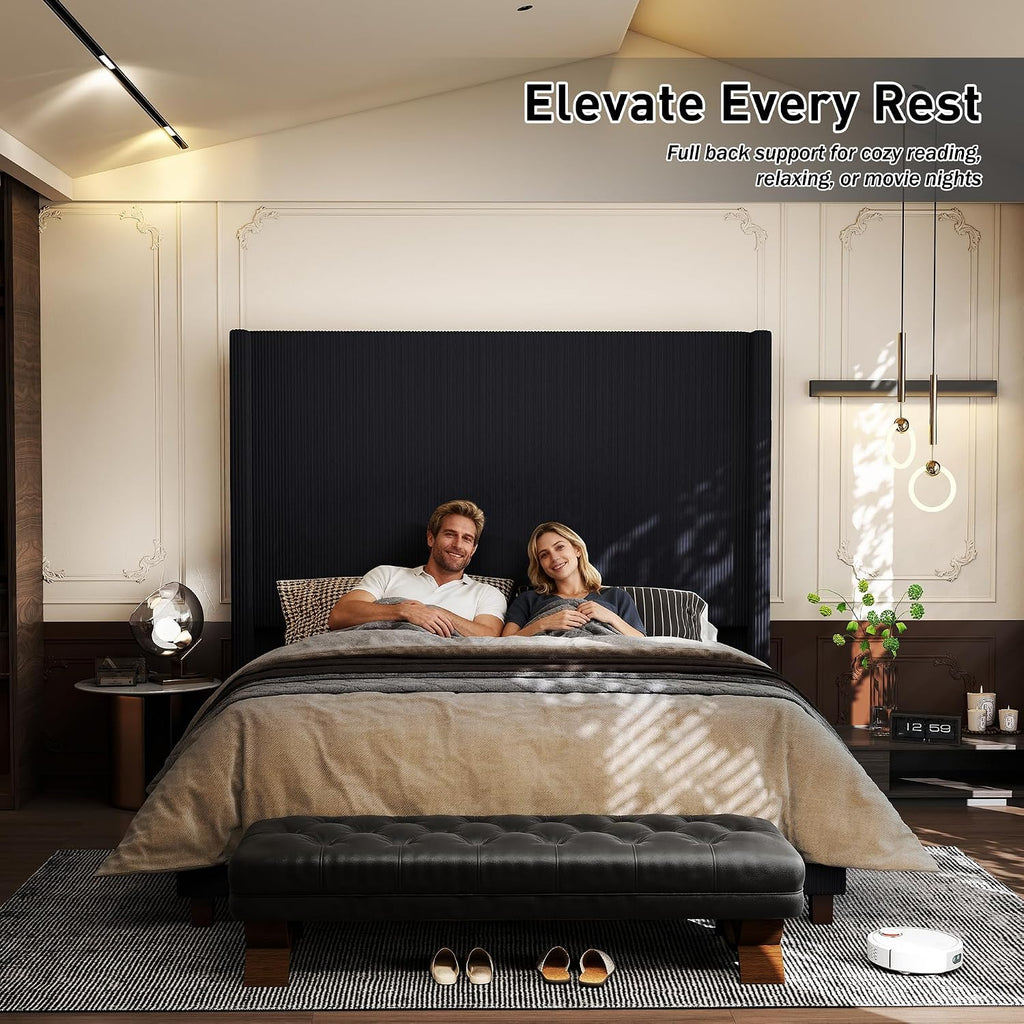 King Size Corduroy Upholstered Bed Frame with 65.2' Tall Headboard,USB Charging Station,Soft Washable Corduroy Cover with Wingback Headboard, Solid Wood Legs/Noise-Free/No Box Spring Needed/Black