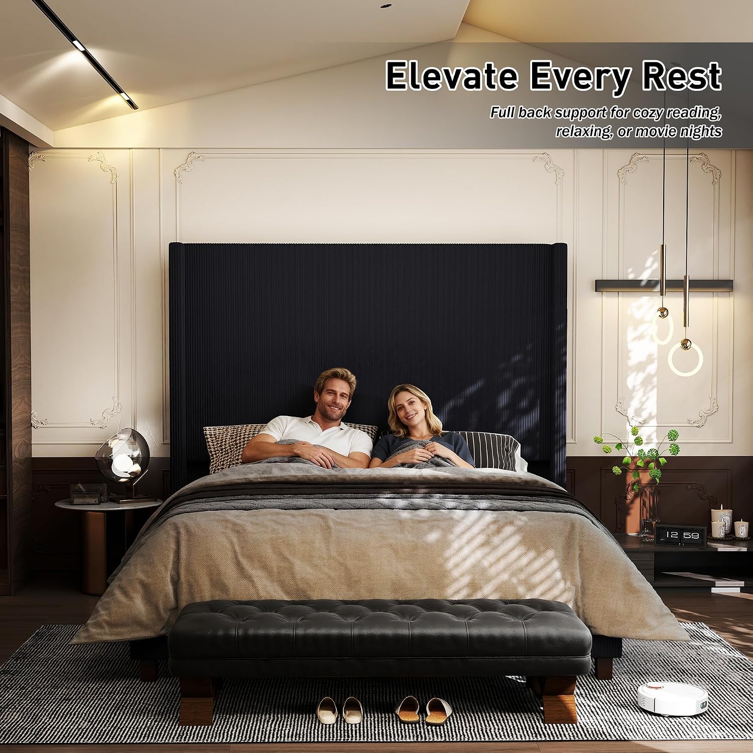 King Size Corduroy Upholstered Bed Frame with 65.2' Tall Headboard,USB Charging Station,Soft Washable Corduroy Cover with Wingback Headboard, Solid Wood Legs/Noise-Free/No Box Spring Needed/Black
