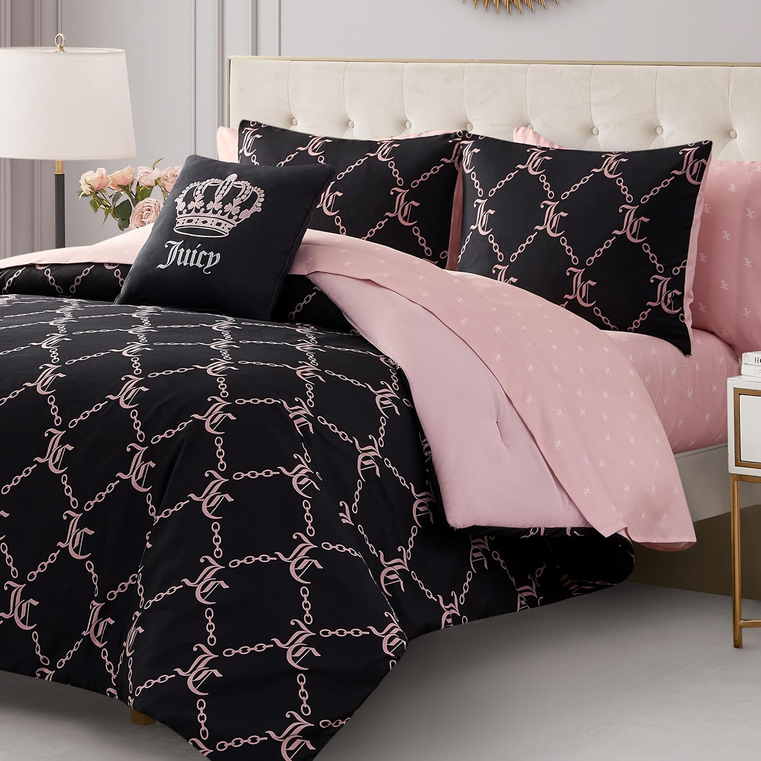 Juicy Couture Black Link Logo Printed Comforter Set, Twin – Complete 6-Piece Bed in a Bag Collection
