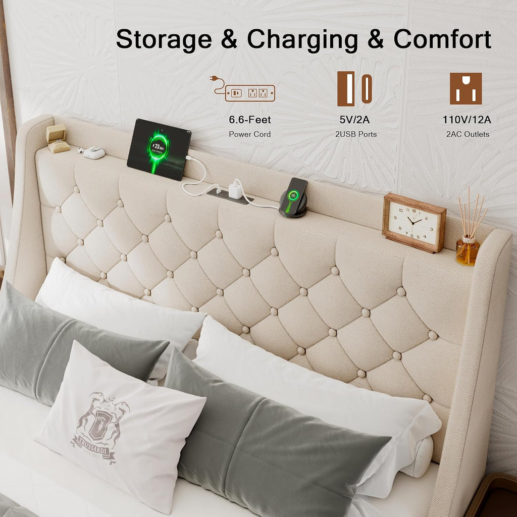 Einhomn Upholstered Full Size Bed Frame with 4 Storage Drawers, Platform Bed with Wingback Headboard, Charging Station, No Box Spring Needed, Beige