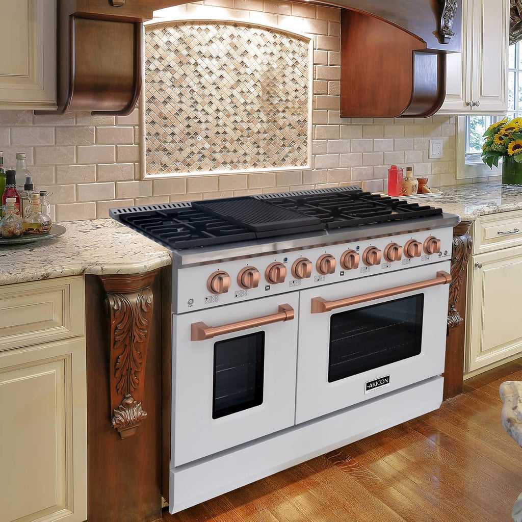 Akicon 48 Inch Freestanding Gas Range - 6.7 cu. ft. Double Rapid Convection Oven - Gas Stove with 8 Sealed Burners & a Griddle, Heavy Duty Cast Iron Grates (White & Copper)