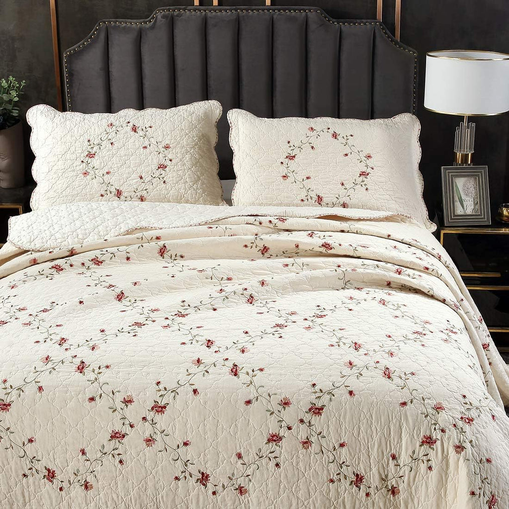 vctops 3-Piece Floral Embroidered Bedspread Coverlet Set King Size 100% Cotton Reversible Patchwork 1 Quilt and 2 Pillow Shams (Flower,King)