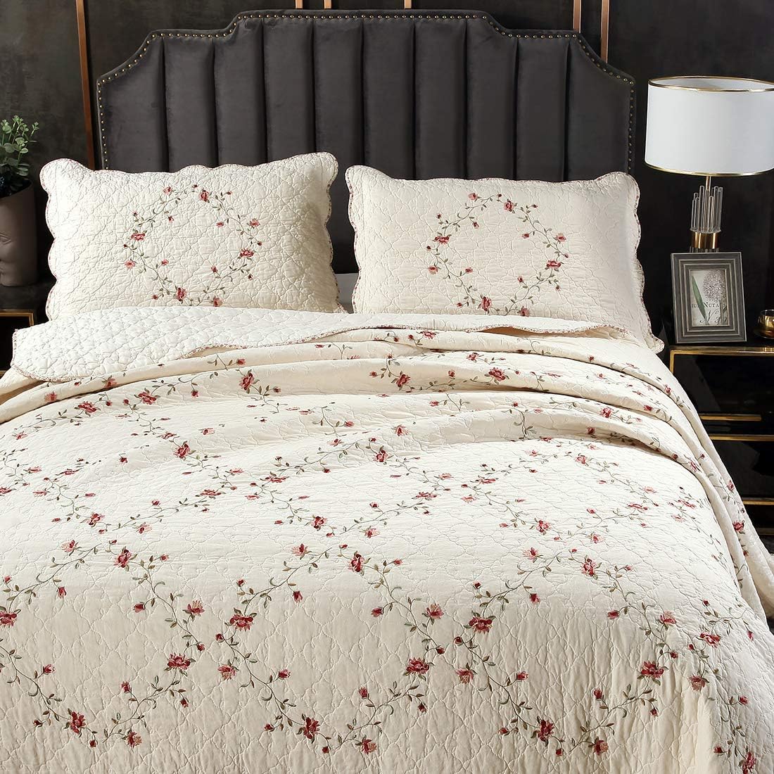 vctops 3-Piece Floral Embroidered Bedspread Coverlet Set King Size 100% Cotton Reversible Patchwork 1 Quilt and 2 Pillow Shams (Flower,King)
