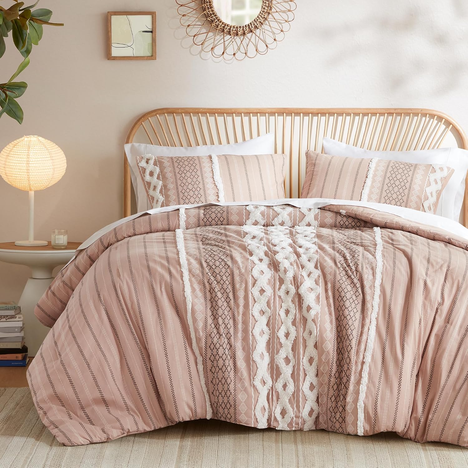 INK+IVY Comforter for King Size Bed, Chenille Tufted, Breathable Cotton Comforter Set King, All Season Modern Boho Comforter with Farmhouse Bedding Flare, 2 Matching Shams, King Blush 3 Piece