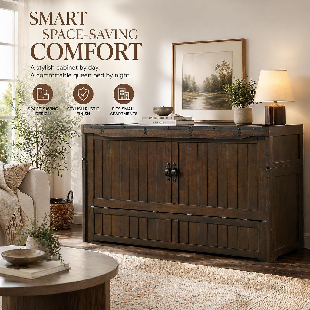 NIGHT & DAY Furniture Murphy Cube Cabinet Bed (Rustic Brown w/Ranchero Hardware, Queen)