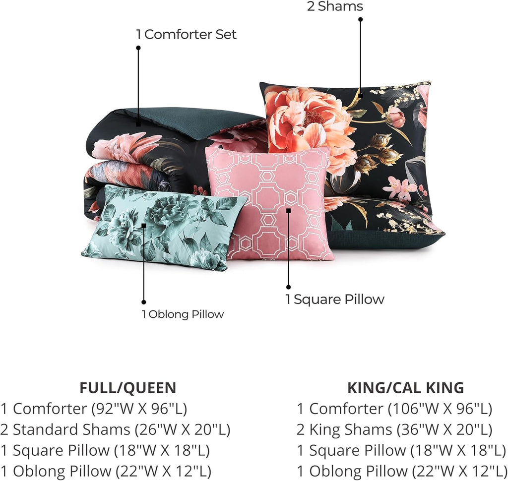 Bebejan Botanical Birds 5 Piece Comforter Set, 100% Cotton Sateen, 220 Thread Count, Black Reversible Bedding Comforter Set, 1 Comforter, 2 Shams & 2 Pillows (King/Cal King)
