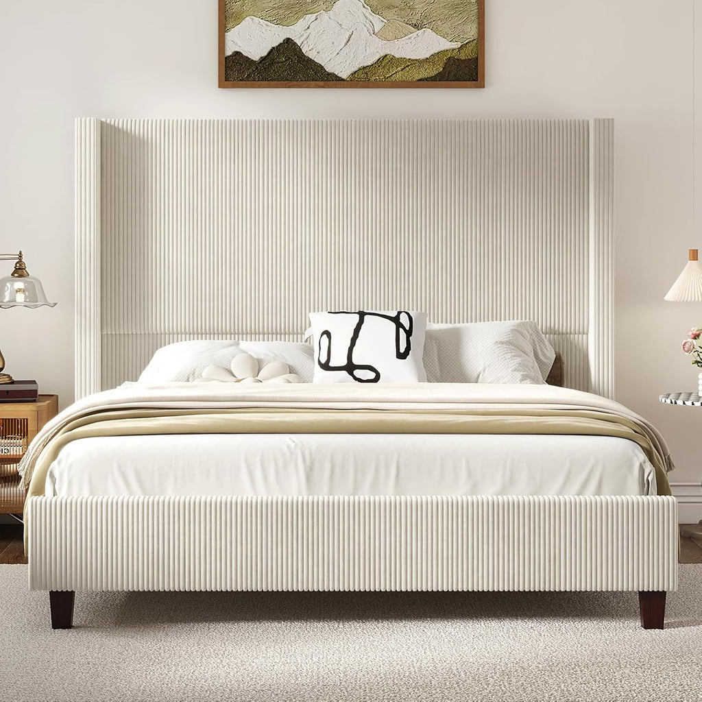 HOWE Queen Size Bed Frame with 61.4' Extra Tall Headboard, Corduroy Upholstered Bed with Vertical Wingback Headboard, No Box Spring Needed/Noise Free/Solid Wood Slats & Legs/Cream