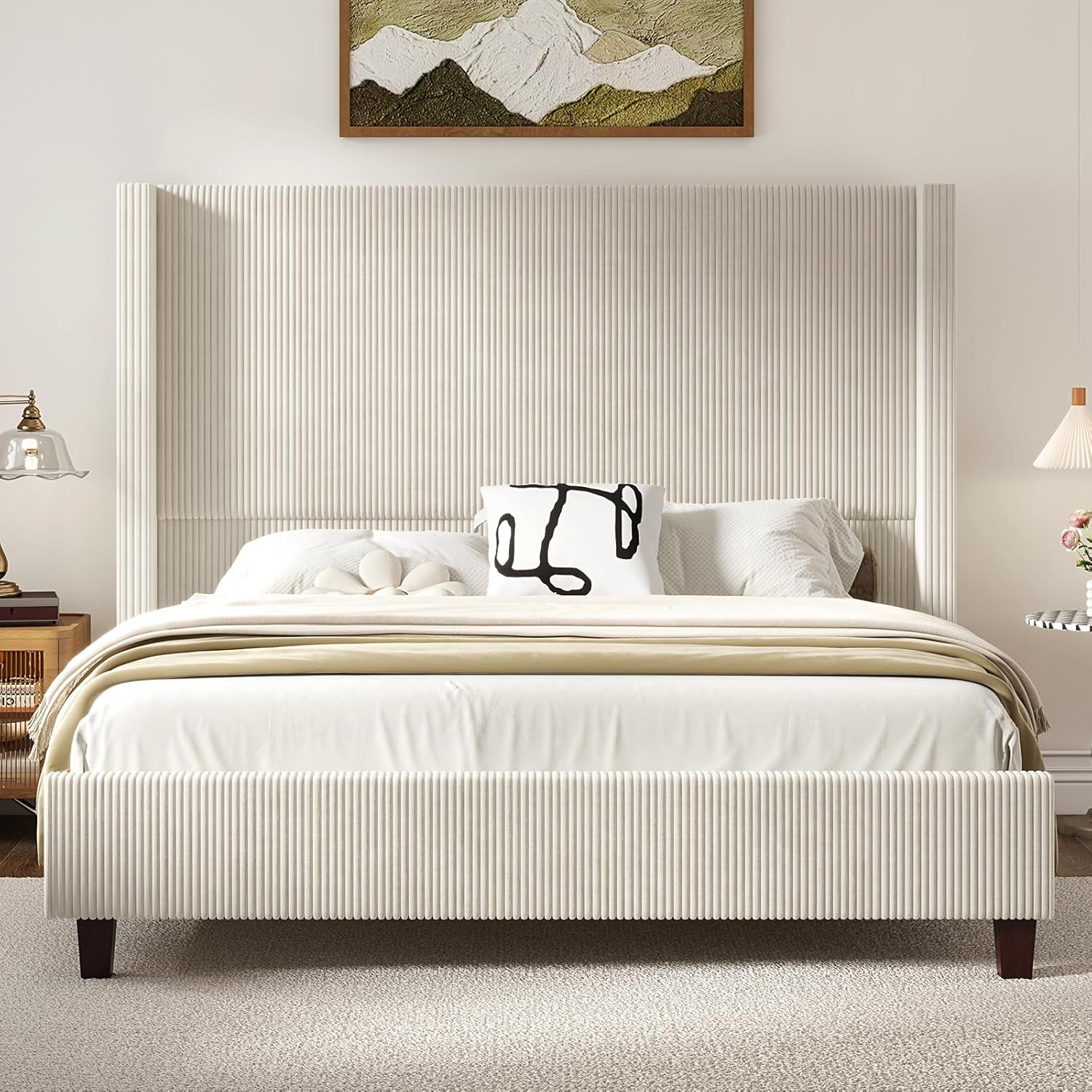 HOWE Queen Size Bed Frame with 61.4' Extra Tall Headboard, Corduroy Upholstered Bed with Vertical Wingback Headboard, No Box Spring Needed/Noise Free/Solid Wood Slats & Legs/Cream