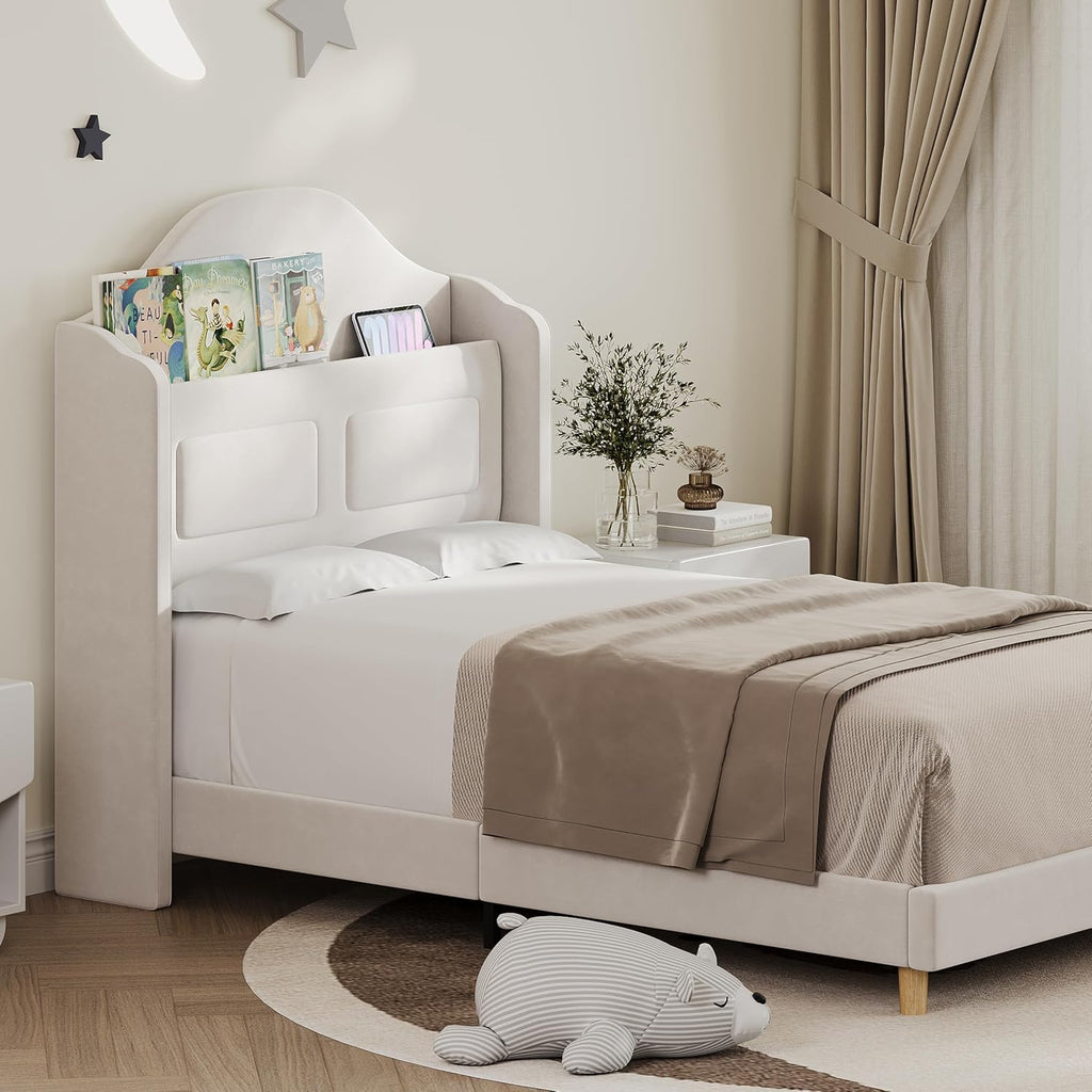 GarveeHome Twin Bed Frame for Kids, Upholstered Velvet Princess Platform Bed for Boys/Girls with Wingback, Bookcase Headboard & LED Lights, No Box Spring Needed, Noise-Free, Easy Assembly, Beige