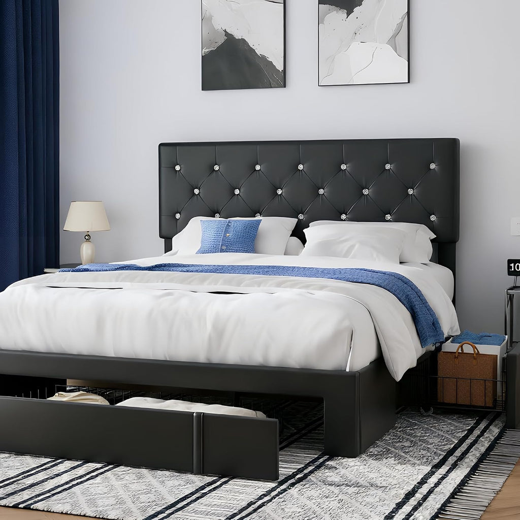 VECELO Queen Size Bed Frame with 3 Storage Drawers, Leather Upholstered with Diamond Tufted Headboard, Solid Wood Slat Support & Steel Framework, PU & Black