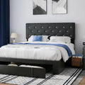 VECELO Queen Size Bed Frame with 3 Storage Drawers, Leather Upholstered with Diamond Tufted Headboard, Solid Wood Slat Support & Steel Framework, PU & Black