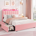 Garvee LED Full Size Bed Frame with Storage Headboard, Kids Bed Frame with 2 Drawers, Boucle Upholstered Platform Bed for Girls, Chic Wavy Headboard with Bookcase, No Box Spring Needed, Pink