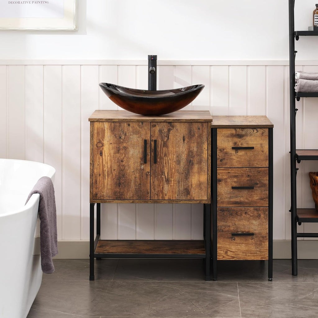 UEV 36' Rustic Brown Bathroom Vanity with Sink Combo,Industrial Iron Frame Bathroom Cabinet Sets with 3 Drawers Side Cabinet,Modern Brown Boat Tempered Glass Vessel Sink(029BR)