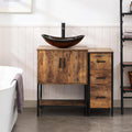 UEV 36' Rustic Brown Bathroom Vanity with Sink Combo,Industrial Iron Frame Bathroom Cabinet Sets with 3 Drawers Side Cabinet,Modern Brown Boat Tempered Glass Vessel Sink(029BR)