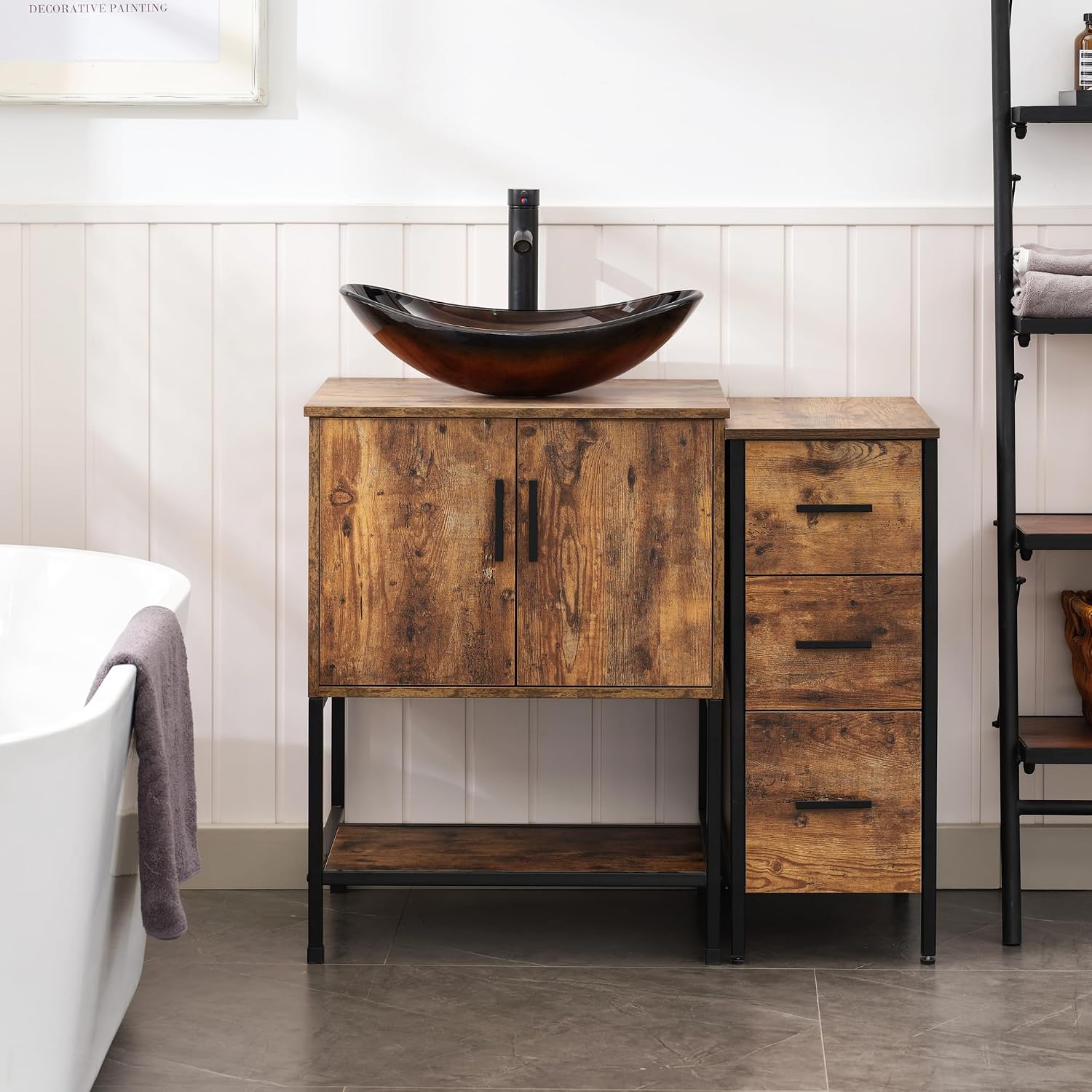 UEV 36' Rustic Brown Bathroom Vanity with Sink Combo,Industrial Iron Frame Bathroom Cabinet Sets with 3 Drawers Side Cabinet,Modern Brown Boat Tempered Glass Vessel Sink(029BR)
