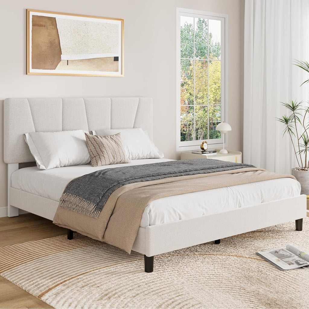 GarveeHome Queen Size Bed Frame with Upholstered Headboard, Modern Fabric Platform Bed Frame with Wooden Slat Support, Adjustable Headboard, No Box Spring Needed, Noise-Free, for Bedroom