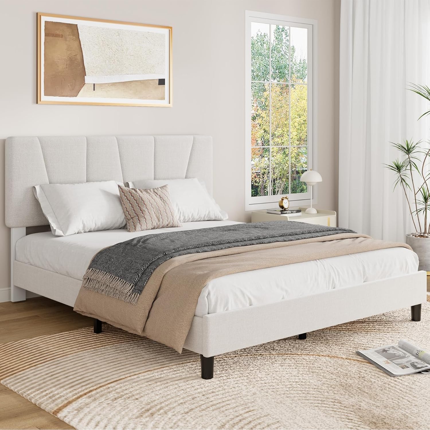GarveeHome Queen Size Bed Frame with Upholstered Headboard, Modern Fabric Platform Bed Frame with Wooden Slat Support, Adjustable Headboard, No Box Spring Needed, Noise-Free, for Bedroom