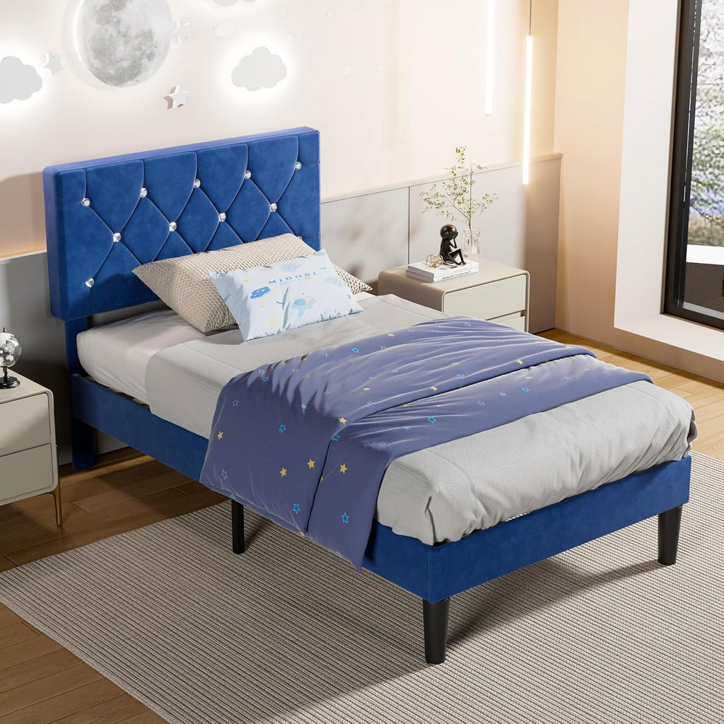 VECELO Twin Size Bed Frame, Upholstered Platform with Adjustable Diamond Tufted Headboard, Wood Slat Support, No Box Spring Needed, Navy Blue