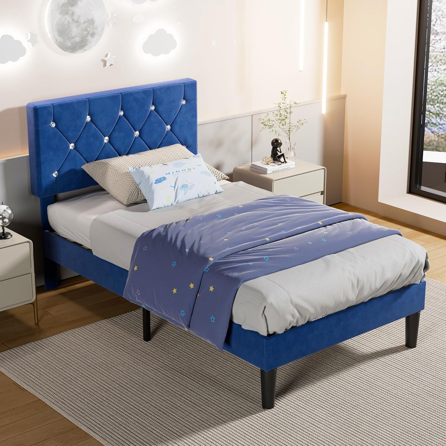 VECELO Twin Size Bed Frame, Upholstered Platform with Adjustable Diamond Tufted Headboard, Wood Slat Support, No Box Spring Needed, Navy Blue