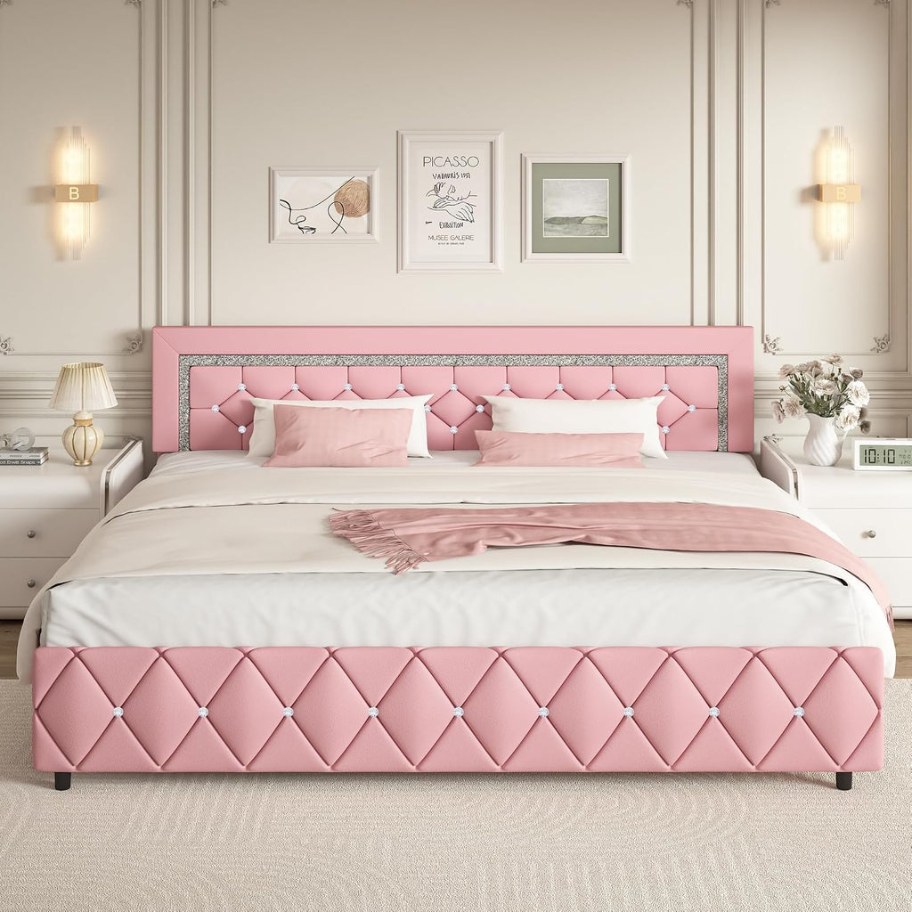 BarnFurin King Size Bed Frame, Faux Leather Upholstered Bed with Diamond Tufted Headboard, Modern King Size Bed with Wooden Slats Support, No Box Spring Required, Easy Assembly, Pink