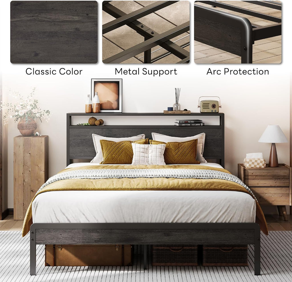 LIKIMIO Full Bed Frame with Headboard, Dark Wood Camas Full with Strong Supports, Sturdy, Noise-Free, No Box Spring Needed, Charcoal Grey