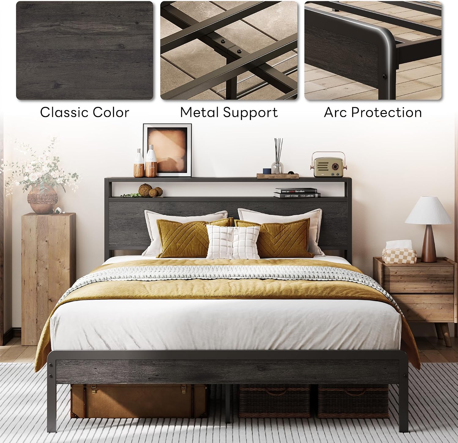 LIKIMIO Full Bed Frame with Headboard, Dark Wood Camas Full with Strong Supports, Sturdy, Noise-Free, No Box Spring Needed, Charcoal Grey