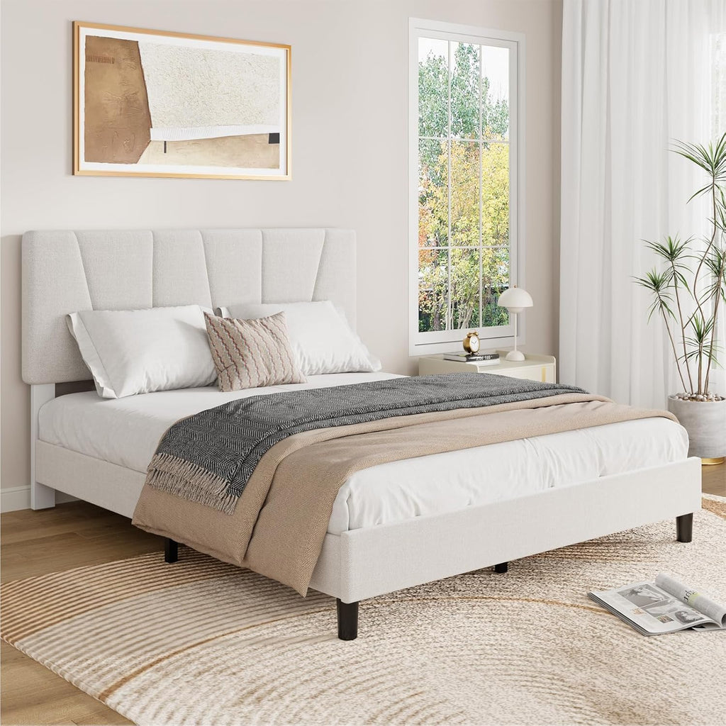 GarveeHome Full Size Bed Frame with Upholstered Headboard, Modern Fabric Platform Bed Frame with Wooden Slat Support, Adjustable Headboard, No Box Spring Needed, Noise-Free, for Bedroom
