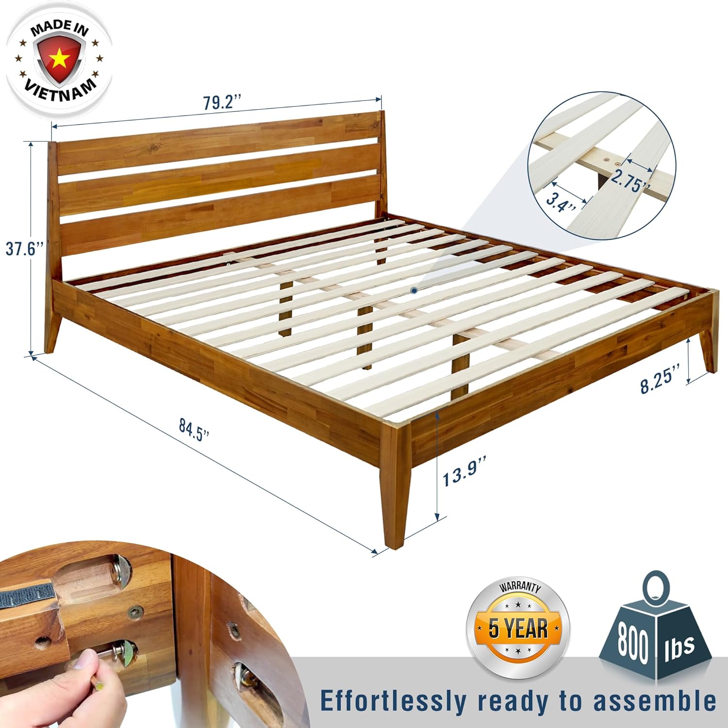 Acacia Emery Bed Frame with Headboard Solid Wood Platform Bed, King Size Bed Frame, Mid - Century Modern Wood Bed Compatible with All Mattresses, Easy Assembly, Non-Slip, Caramel.