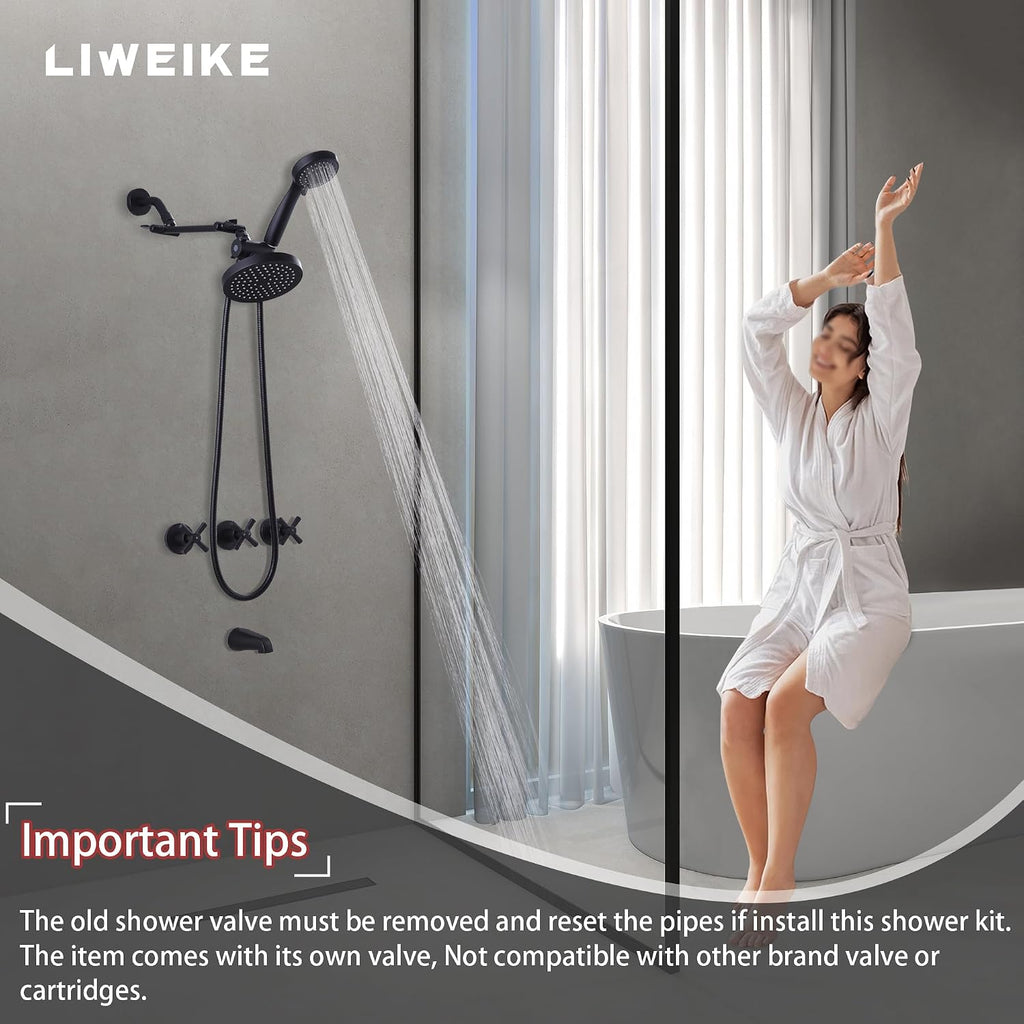 LIWEIKE 3 Handle Tub Shower Faucet Set Matte Black Three Knob Shower Faucet with Tub Spout and Adjustable Extension Shower Arm Roug-in Valve