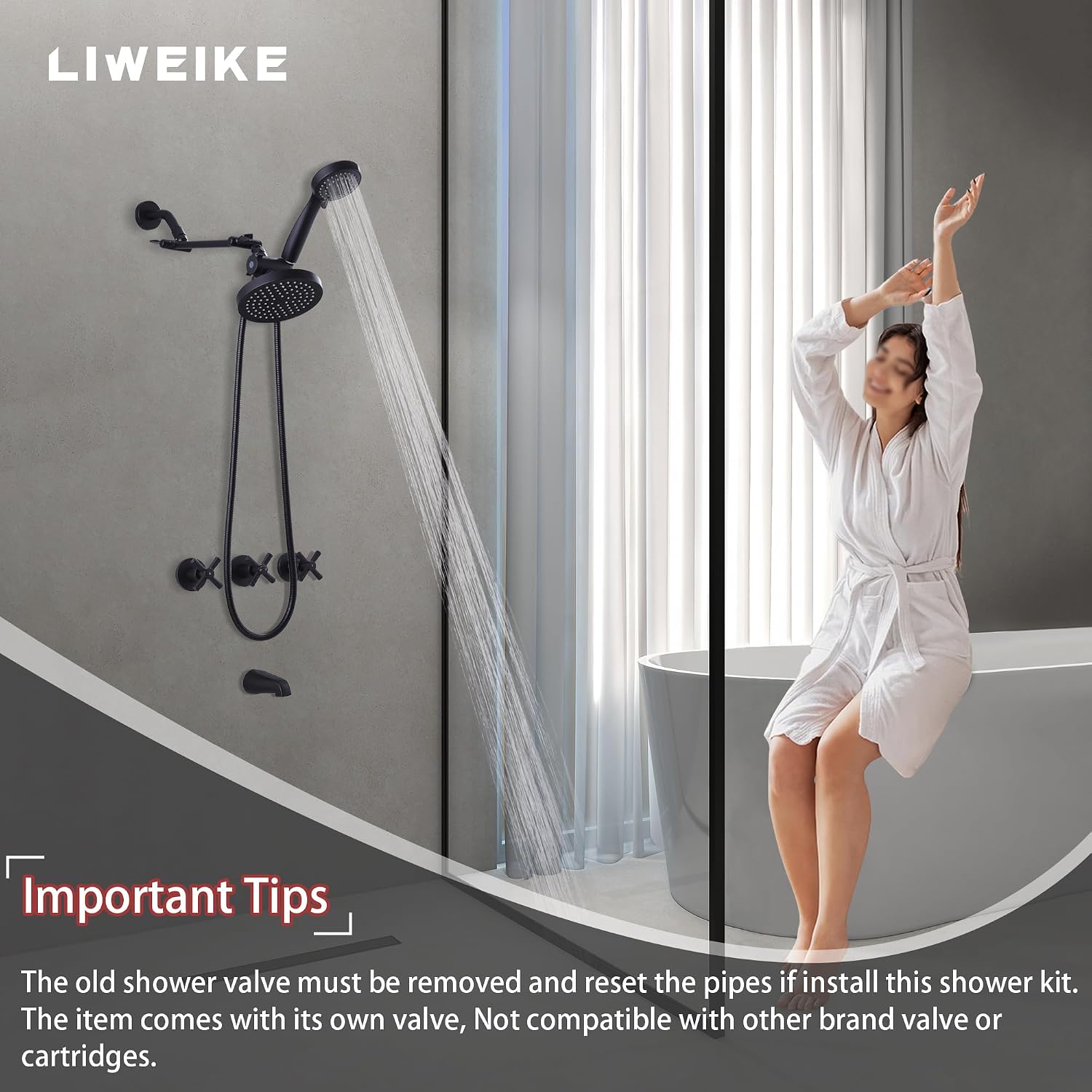 LIWEIKE 3 Handle Tub Shower Faucet Set Matte Black Three Knob Shower Faucet with Tub Spout and Adjustable Extension Shower Arm Roug-in Valve