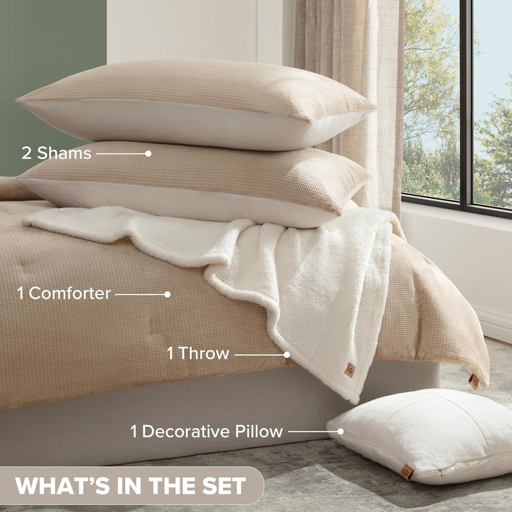 UGG Remina Comforter Set 5 Piece Bed in a Bag with Throw Blanket, Decorative Pillow, Shams, and Reversible Comforter Hypoallergenic Washable Luxury Plush Warm Fluffy Bedding Set, King, Brown Birch