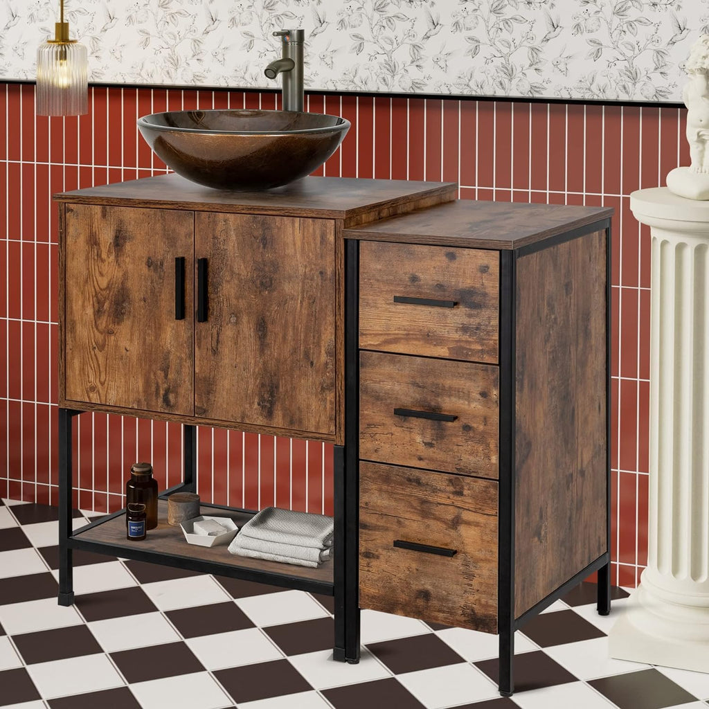 UEV 36' Antique Bathroom Vanity, Dark Brown Bathroom Vanity Set with Sink and 3 Drawers Side Cabinet Combo, Iron Wood Bathroom Cabinet with Adjustable Water Temperature Faucet (A09-NEW)