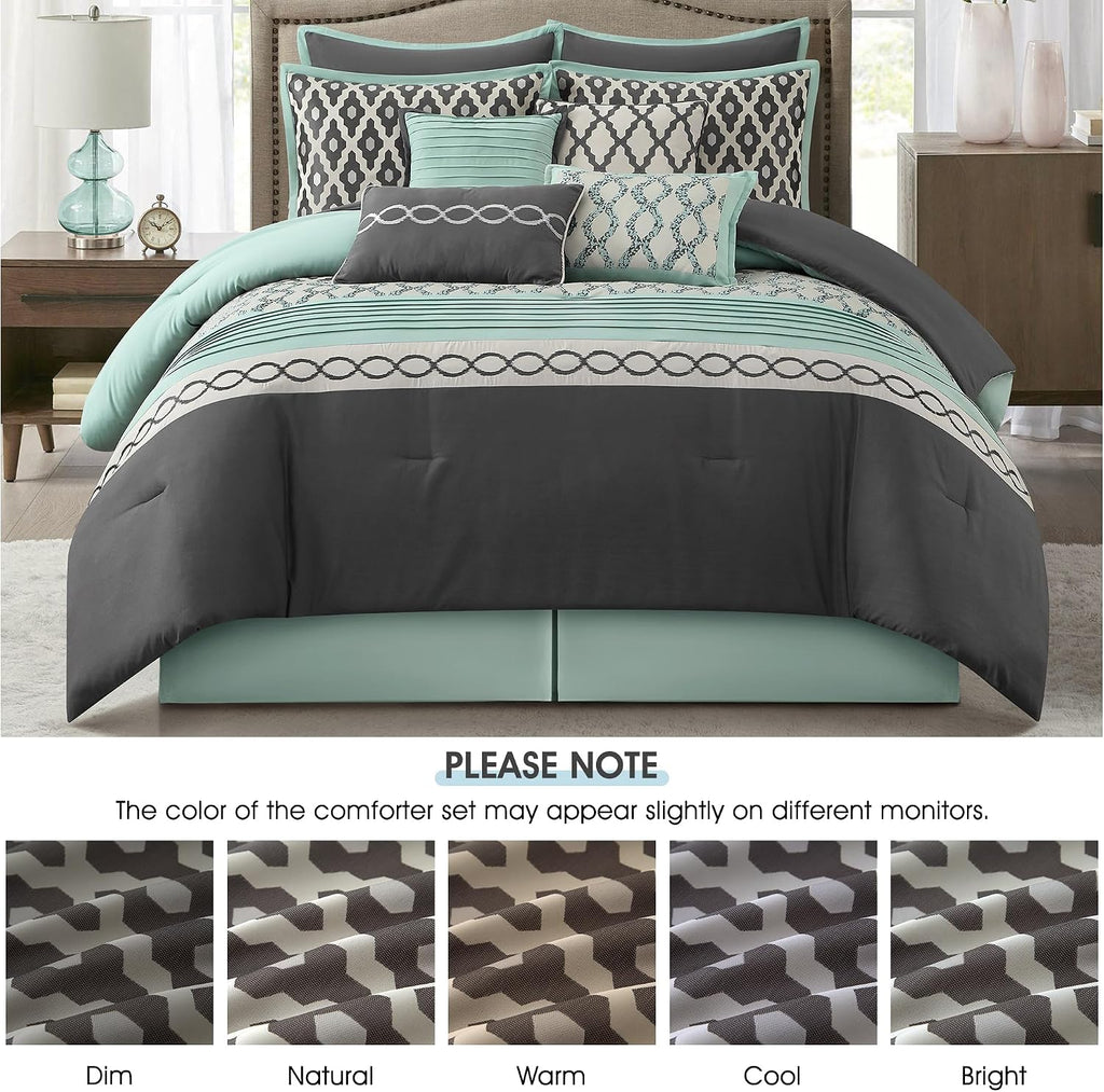 LANCO MODERN LIFESTYLE King Size Comforter Set, Blue Grey, 10 Piece Bed in a Bag for All Seasons, Luxury Extreme Comfort Bedding Sets with Bedskirt, Pillow Shams, Euro Shams and Decor Pillows