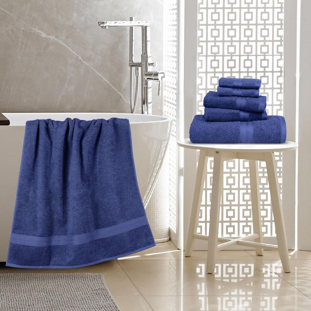 Amazon Basics 6-Piece Fade-Resistant 100% Cotton Towel Set, Soft and Absorbent, 2 BathTowels, 2 HandTowels, 2 Washcloths, Navy Blue (Pack of 6)