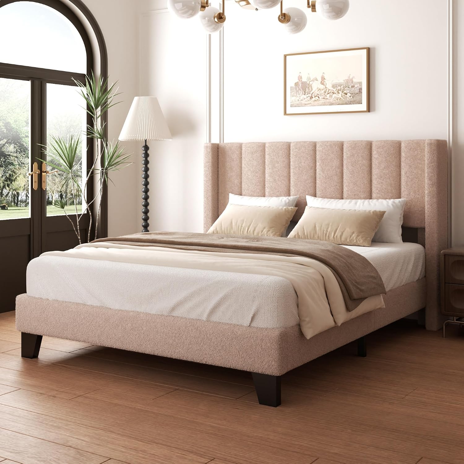 Queen Bed Frame with Headboard Upholstered Platform Bed Frame with Teddy Velvet Headboard, Wooden Slats Support/Wing Edge Design/No Box Spring Needed/Easy Assembly, Camle