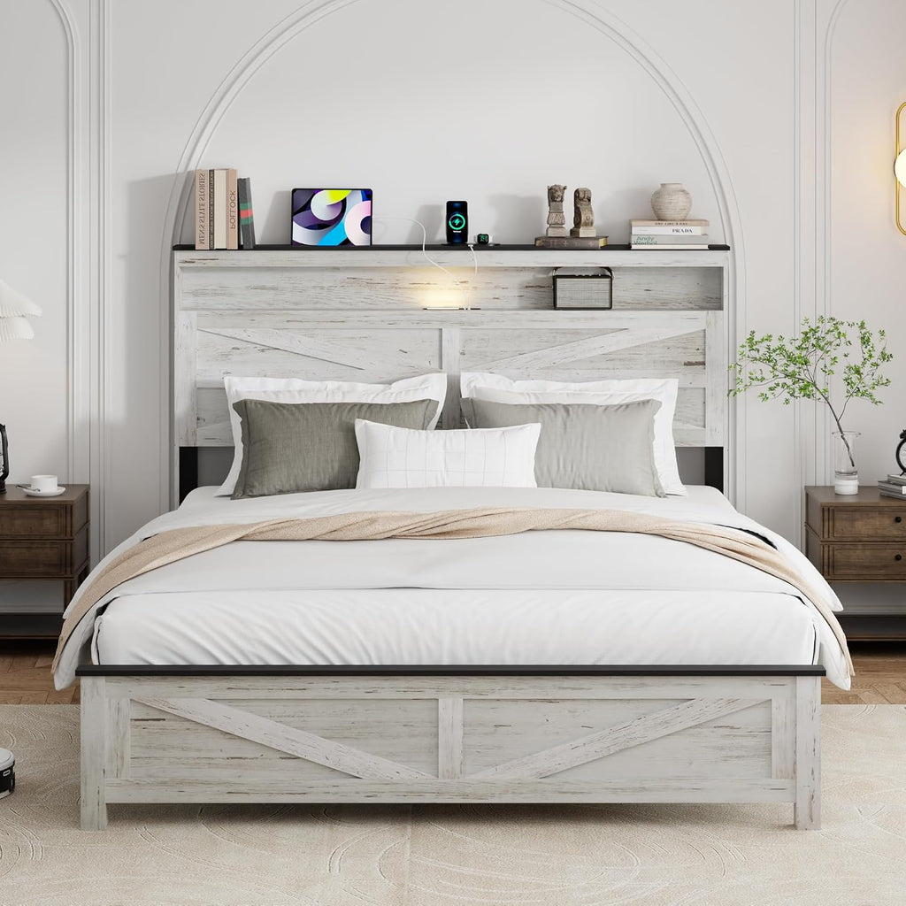 Full Size Bed Frame with Headboard, Rustic Farmhouse Wood Bed Frame with LED Lights and Charging Station, Easy Assembly, No Box Spring Needed (White, Full)