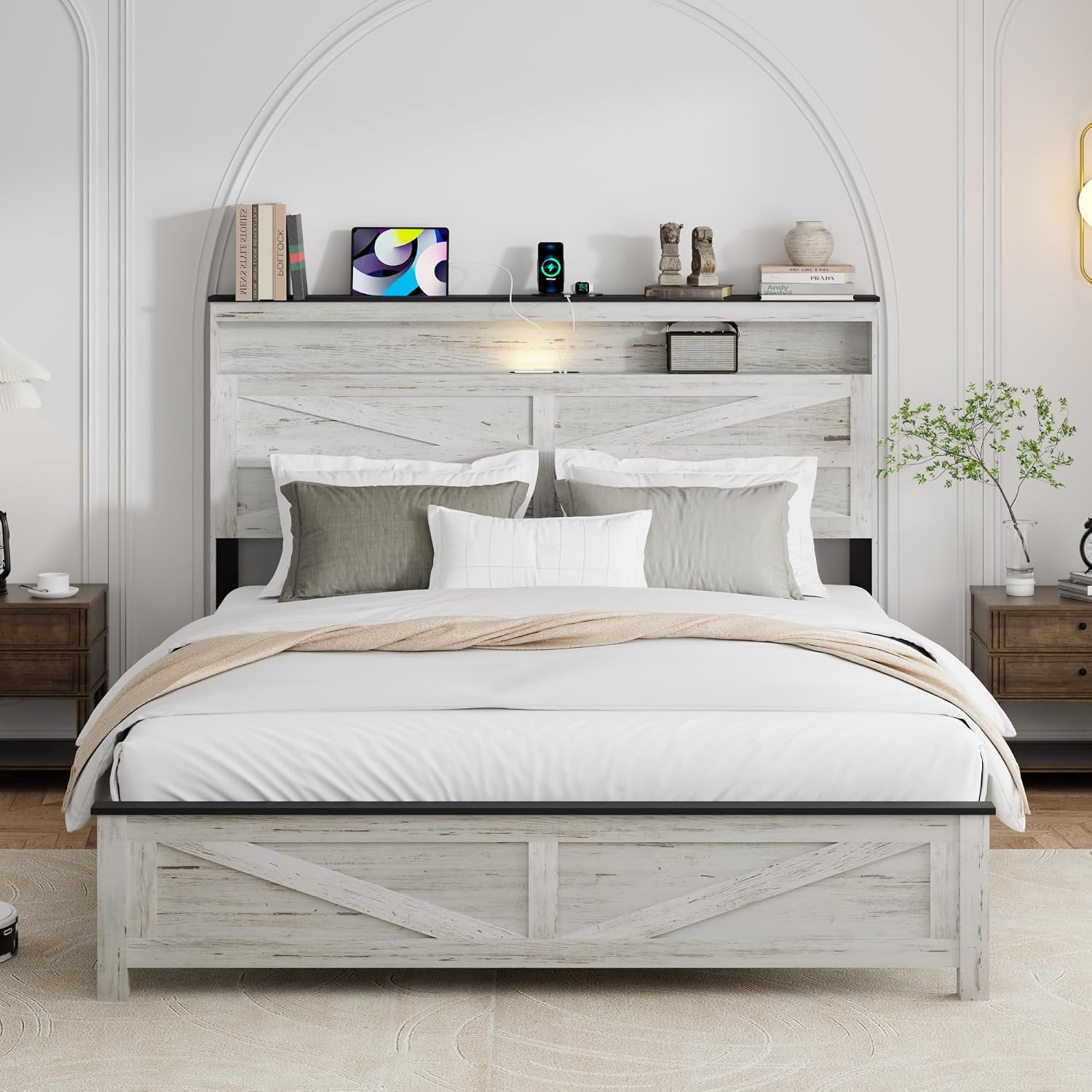 Full Size Bed Frame with Headboard, Rustic Farmhouse Wood Bed Frame with LED Lights and Charging Station, Easy Assembly, No Box Spring Needed (White, Full)