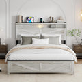 Queen Size Bed Frame with Headboard, Rustic Farmhouse Wood Bed Frame with LED Lights and Charging Station, Easy Assembly, No Box Spring Needed (White, Queen)