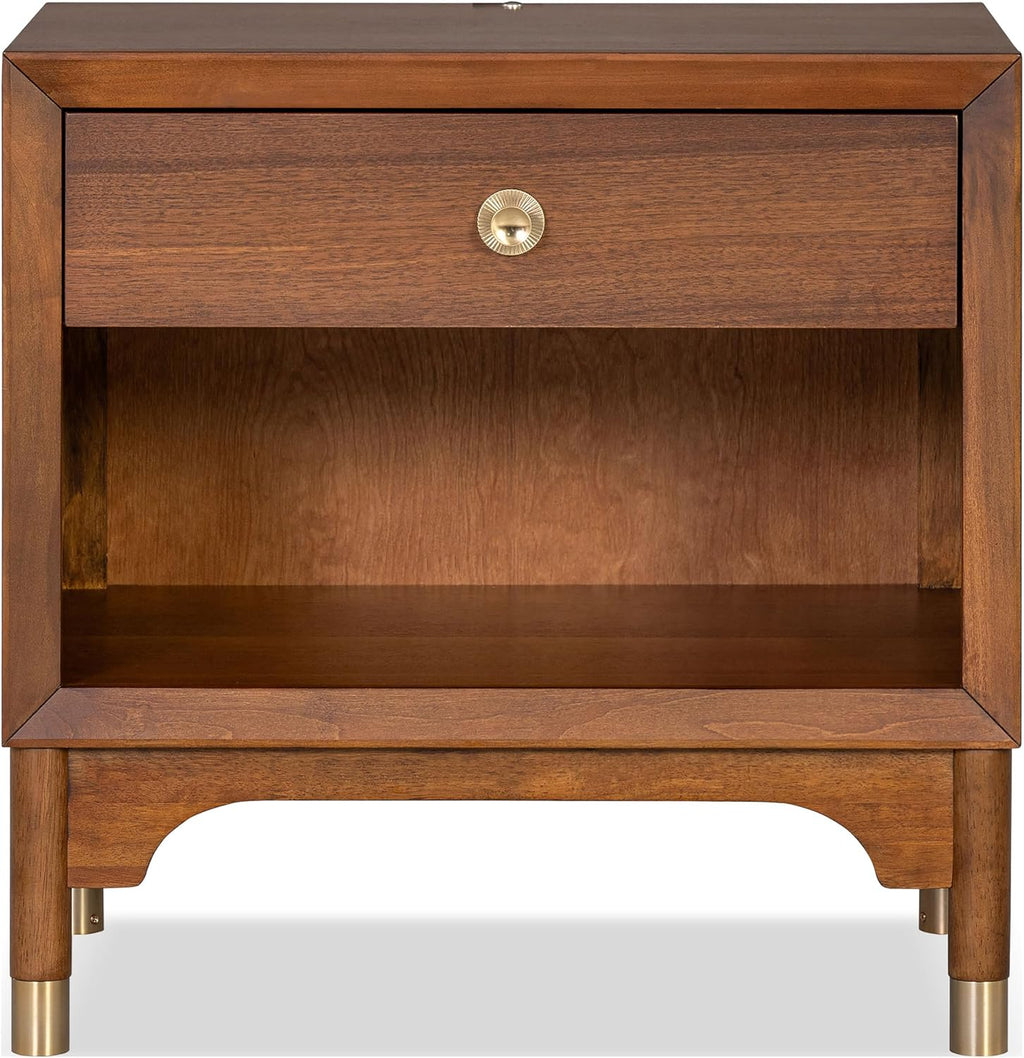 Furniture of America Forma Modern Solid Wood 4-Piece Bedroom Set with Upholstered Bed with LED Lights, Ball-Bearing Glide on Nightstand and Dresser with Mirror, No Box Spring Needed, Queen, Walnut