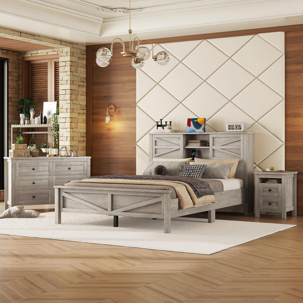 LUMISOL 3 Pieces Bedroom Sets,Farmhouse Platform Bed with Storage Nightstand and Dresser, Queen Size Bed Frame with Storage Headboard and Charging Station, Antique Grey