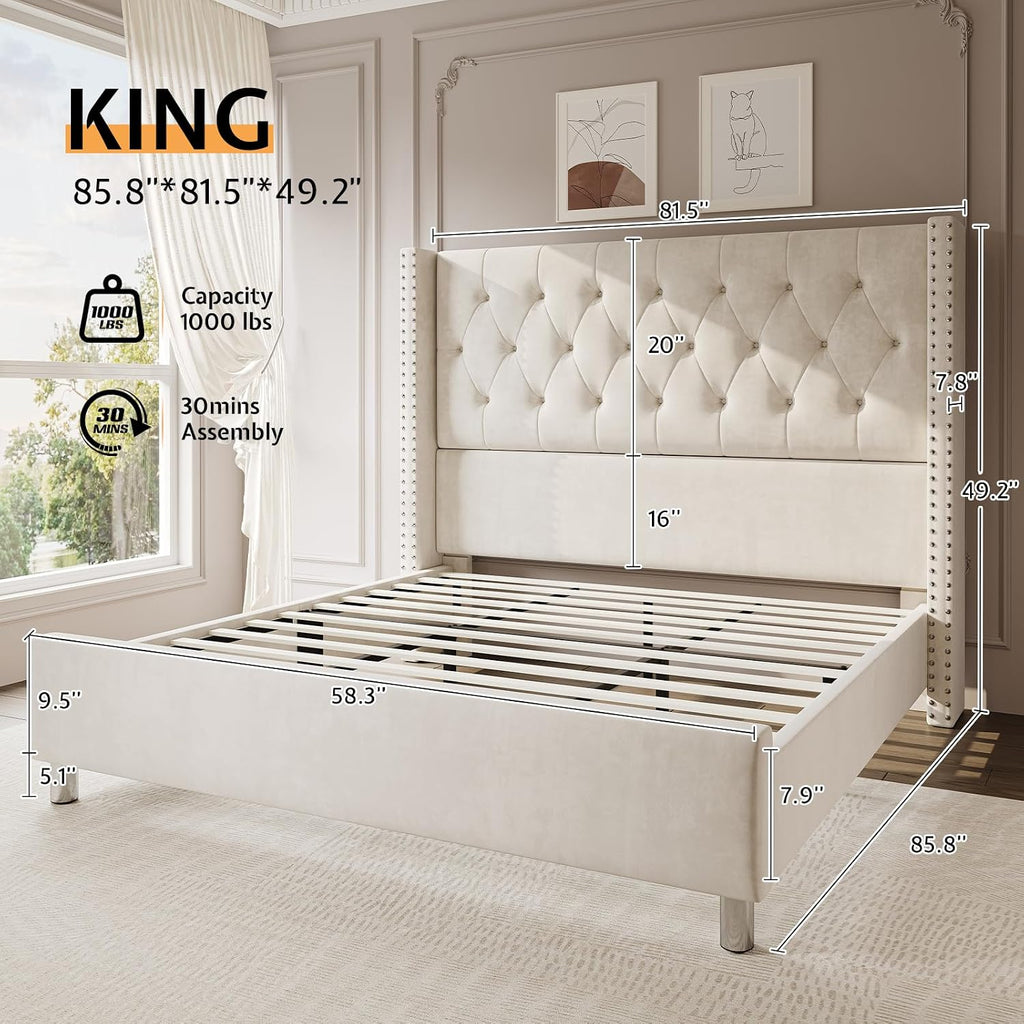 Jocisland Bed Frame King Size Velvet Tufted Upholstered Bed Low Profile Platform Bed Raised Wingback Headboard/Wood Slats Support/No Box Spring Needed/Easy Assembly/Cream