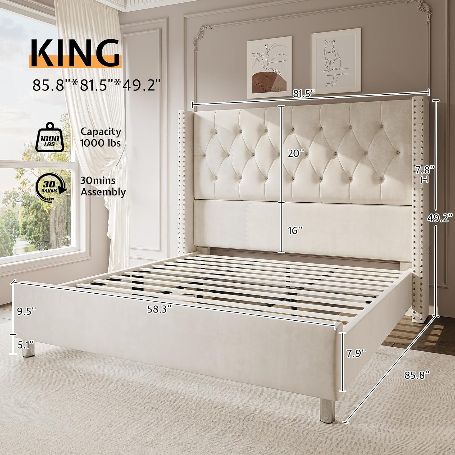 Jocisland Bed Frame King Size Velvet Tufted Upholstered Bed Low Profile Platform Bed Raised Wingback Headboard/Wood Slats Support/No Box Spring Needed/Easy Assembly/Cream