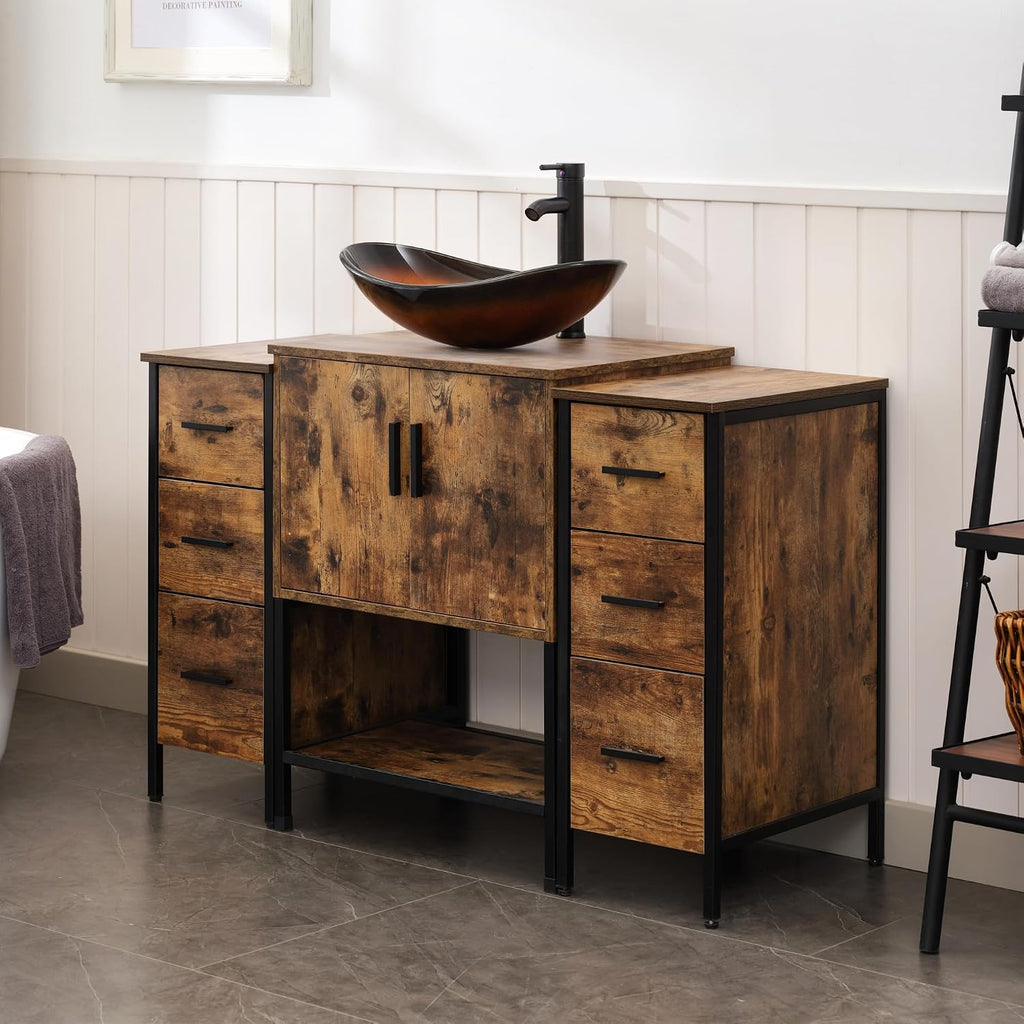 UEV 48' Rustic Brown Bathroom Vanity with Sink Combo,Industrial Iron Frame Bathroom Cabinet Sets with Doulbe 3 Drawers Side Cabinet,Modern Brown Boat Tempered Glass Vessel Sink(029BR)